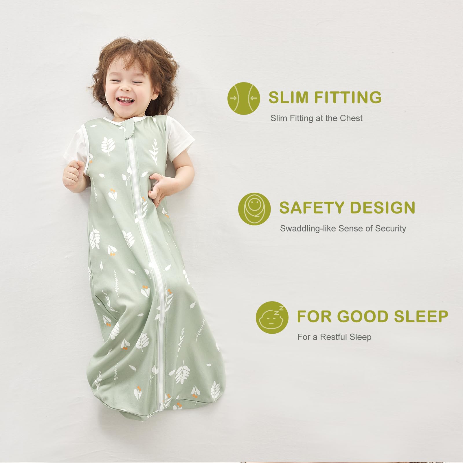 Sac de Couchage pour Bébé 0.5 TOG, 100% Coton, Gigoteuse Douce et Respirante d'Été, Sac de Couchage 0.5 TOG pour Nouveau-Né et Tout-Petit, Feuilles