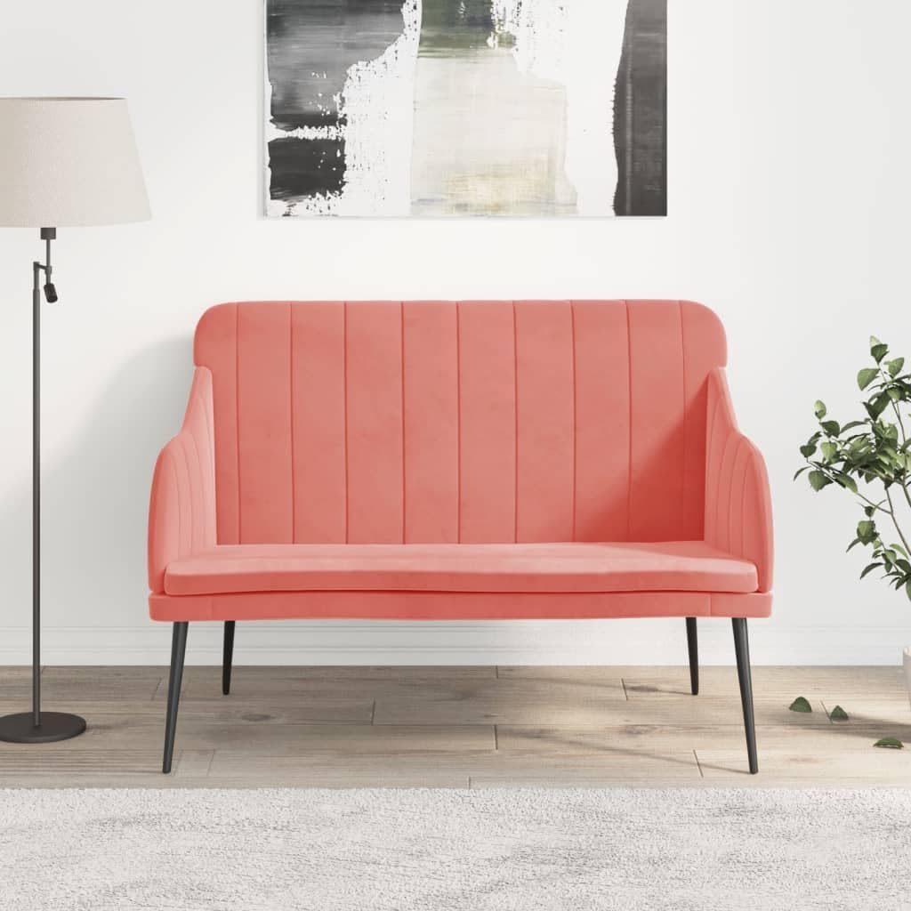 Sitzbank Rosa Samt mit Polster 110x76x80 cm Metallgestell für Wohnzimmer Schlafzimmer Flur mit Rückenlehne und Armlehnen Bequeme Sitzgelegenheit als Bank und Ottomane für Ordnung und Ablage