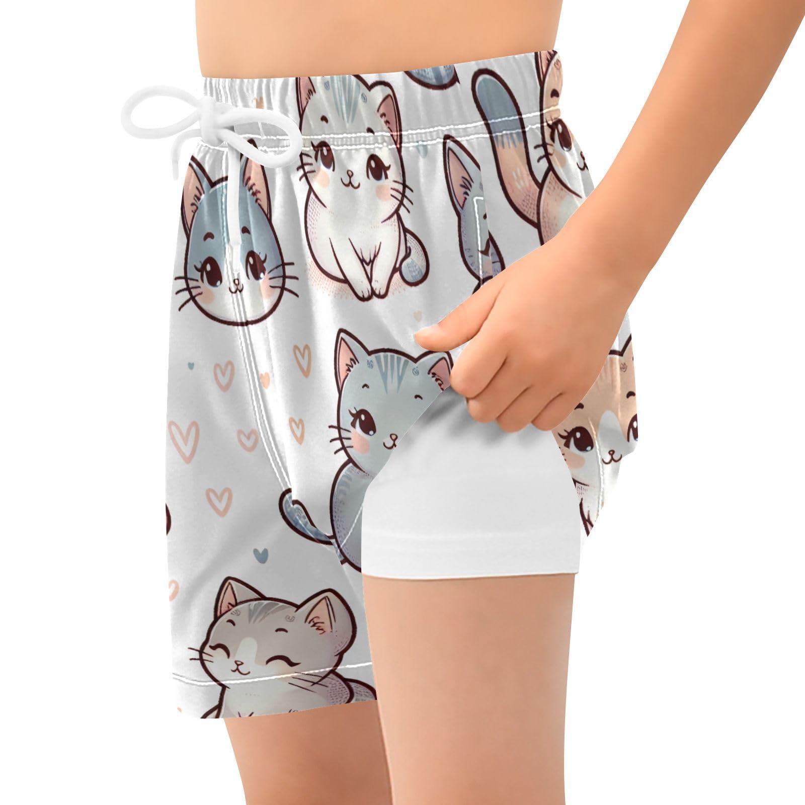 YANENDIE Boy Swim Trunks with Compression Liner Cute Cats Boys Swim Shorts Quick Dry Beach Shorts