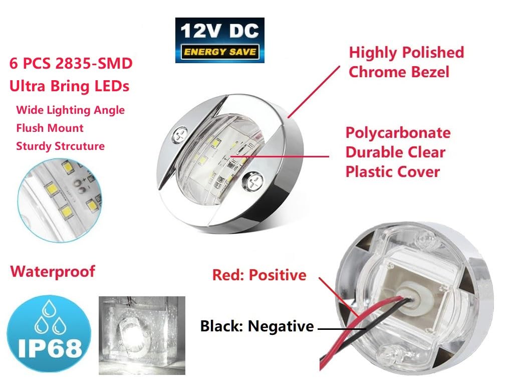 Marine Boat LED Cabin Deck Courtesy Light Stern Transom Lights 12V DC Round Chrome Clear Lens Waterproof, Round LED Deck Courtesy Light 2 Pcs White