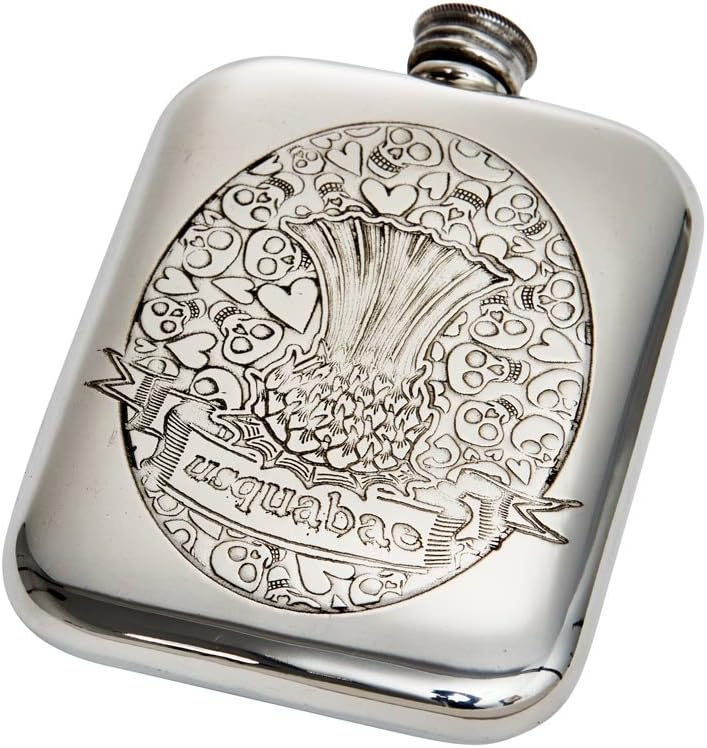 Wentworth Pewter- Usquabae Thistle Skull 6oz Pewter Cushion, Pocket Flask, Spirit Flask, Skull and Hearts Pattern