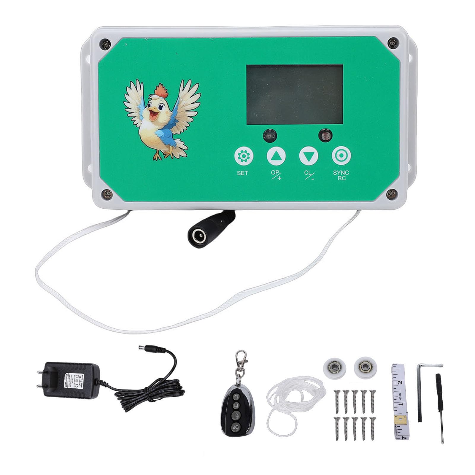 SIXRUN Automatischer Hühnerstall-Türcontroller, Programmierbarer Timer mit Fernbedienung 50m, 4kg, EU-Stecker 100-240V