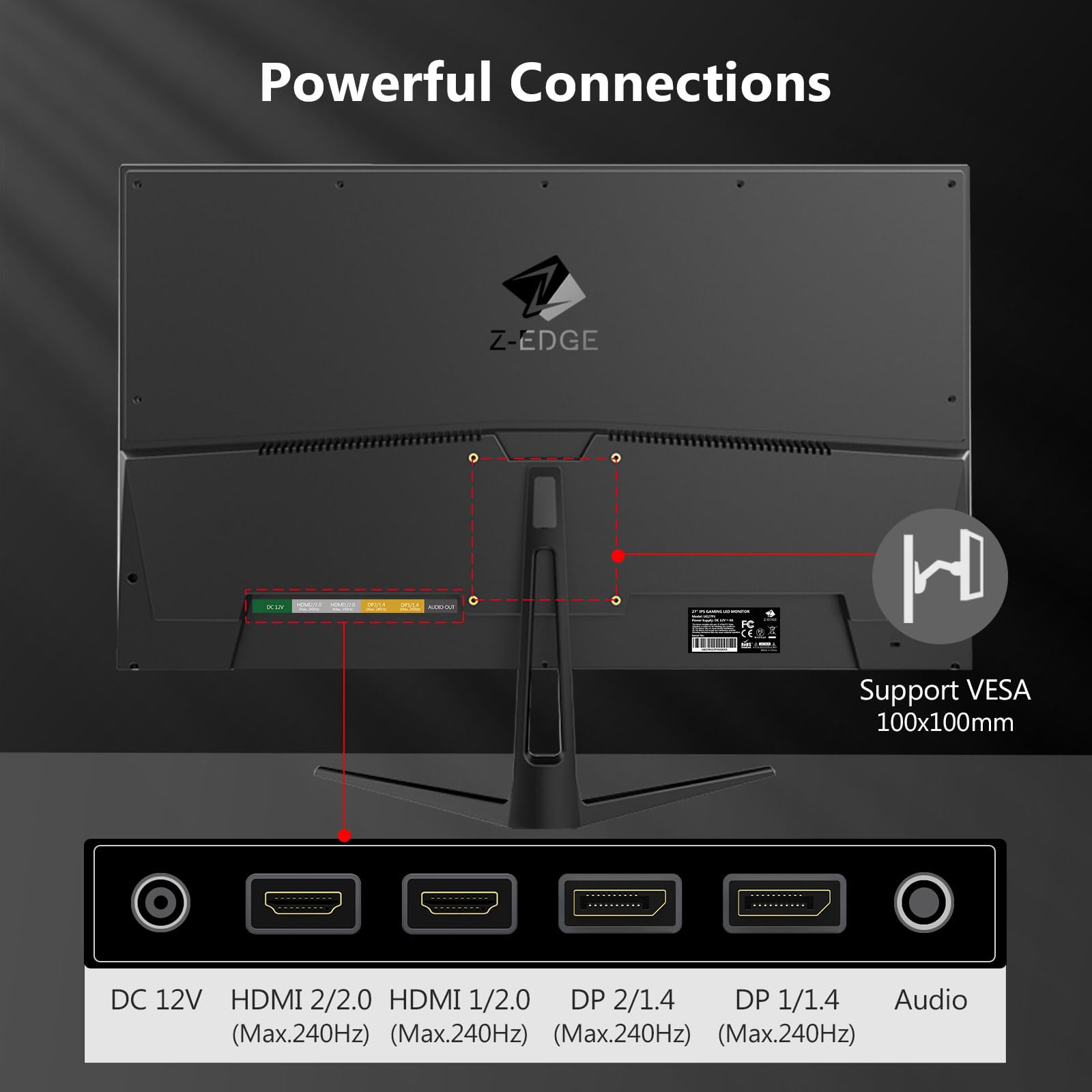 Z-Edge 27-calowy monitor gamingowy, 240 Hz, panel IPS, 1 ms, FreeSync, FHD (1920 x 1080), monitor do gier LED 16:9, regulowane nachylenie, 2x HDMI 2.0 i 2x DP 1.4, 400 cd/m², VESA 100 x 100 mm