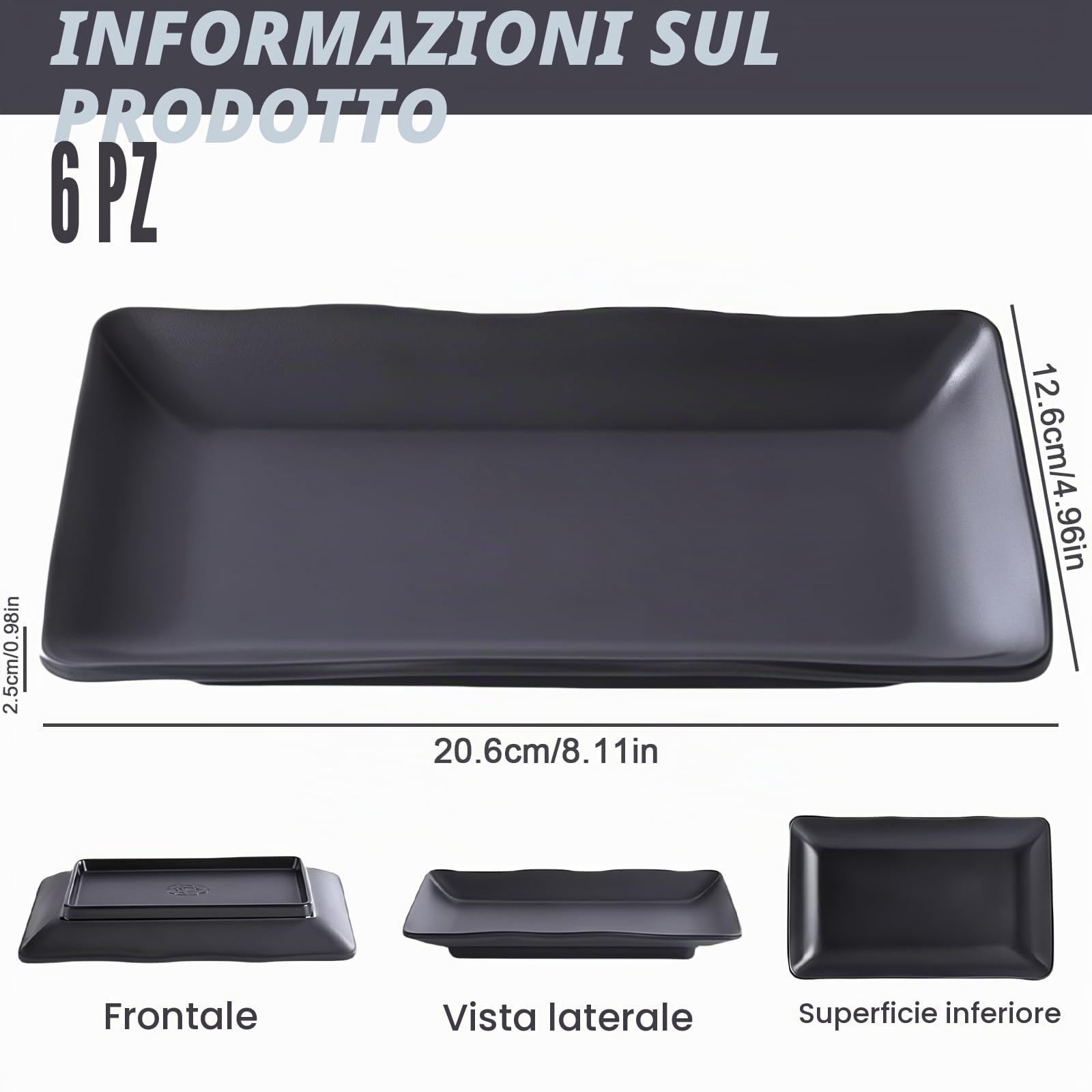Piatti da portata rettangolari: 6 piatti rettangolari neri opachi per snack, 20 x 12 cm, posate per barbecue, piatti da dessert a prova di caduta per carne, sushi, snack