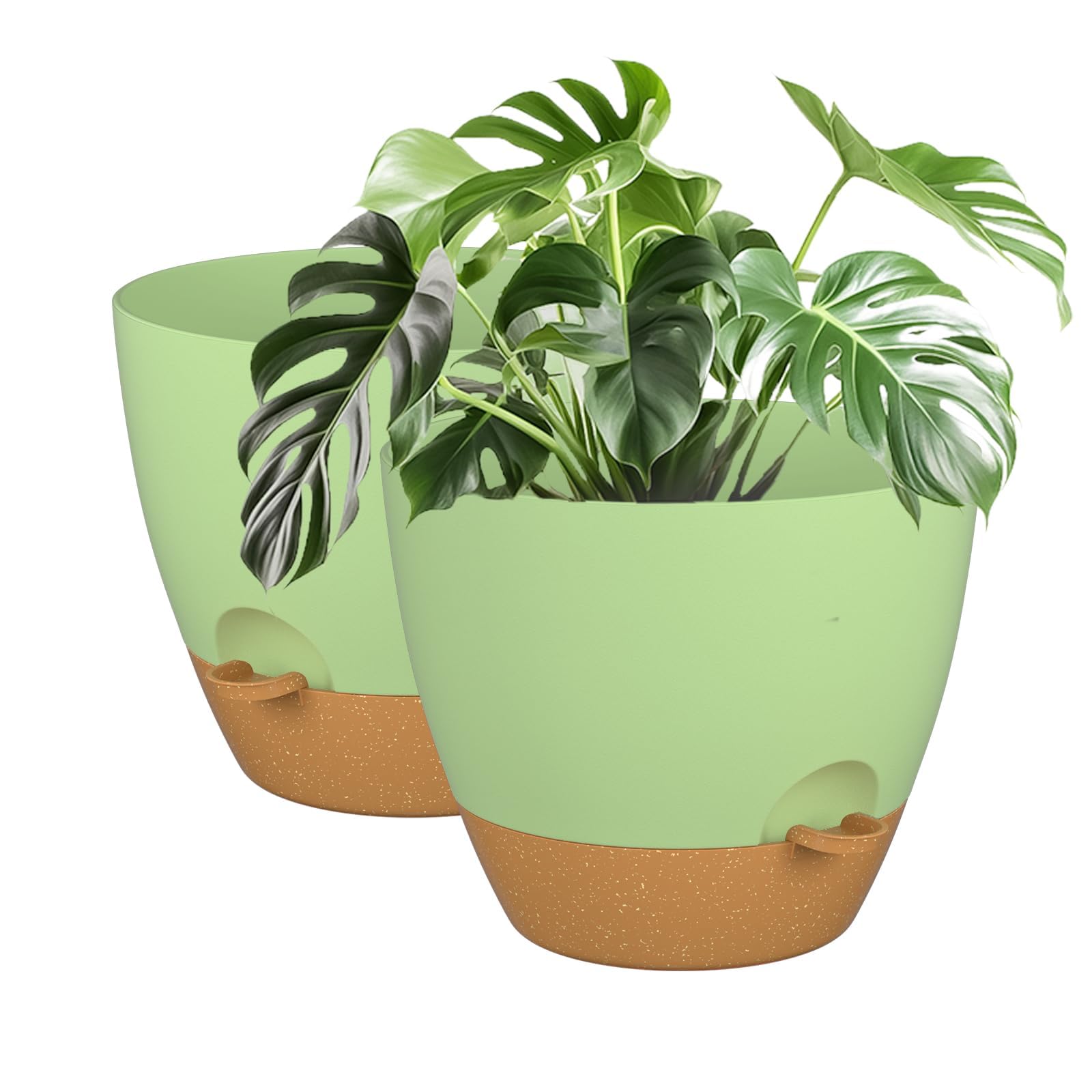 ZMTECH Lot de 2 pots de fleurs à arrosage automatique avec trous de drainage et soucoupe, pour plantes d'intérieur et d'extérieur, 30,5 cm (vert et marron)