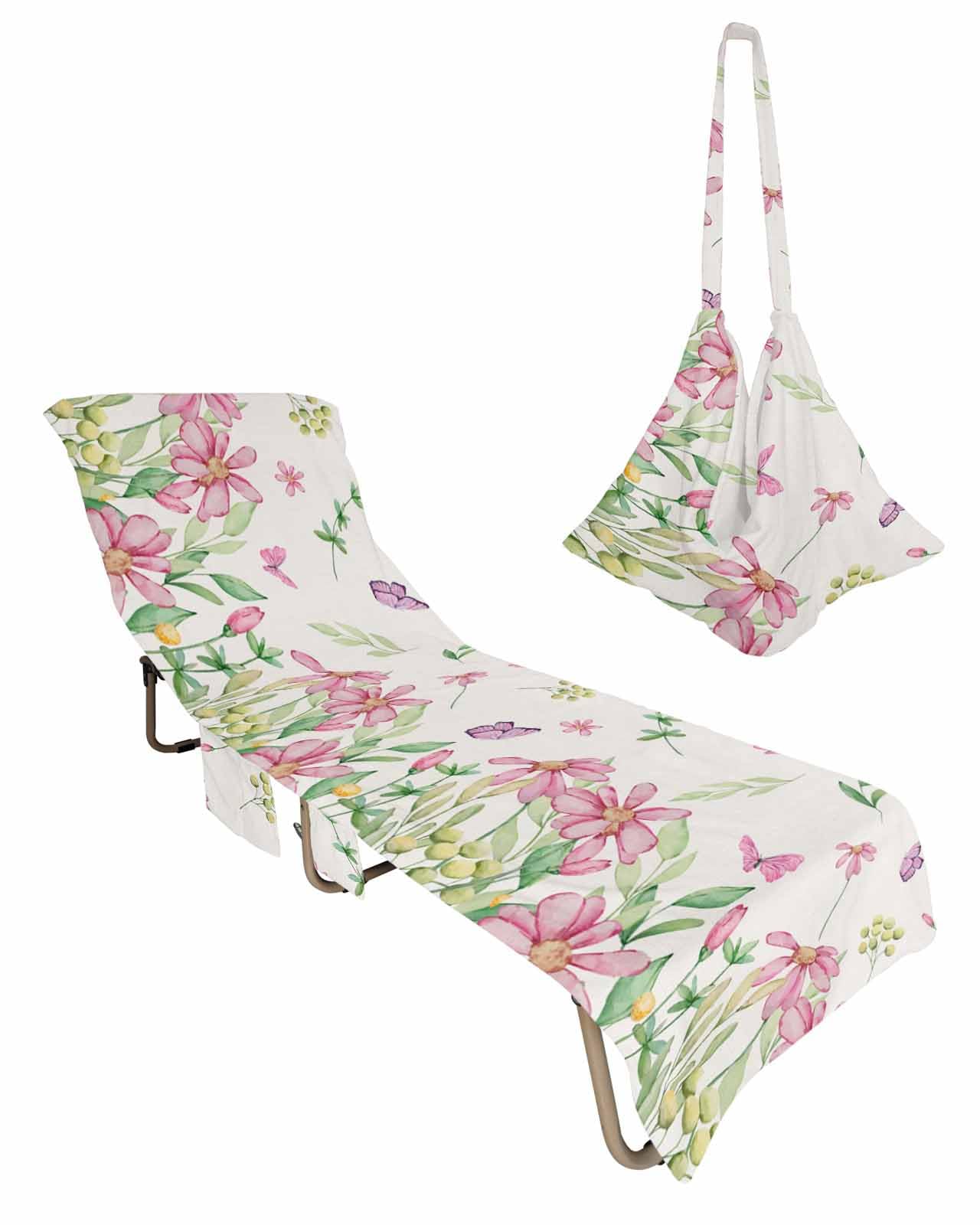 Pink Spring Floral Beach Lounge Chair Towel Cover, Soft Chaise Lounge Towel with Side Pockets Patio Pool Chairs Cover for Beach/Pool Sunbathing 29x85 Watercolor Elegant Botanical Flowers