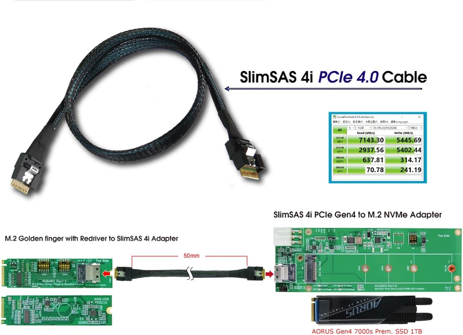 Micro SATA Cables - Slim SAS SFF-8654 4i Straight to Straight Cable, GEN 4, 50CM Length
