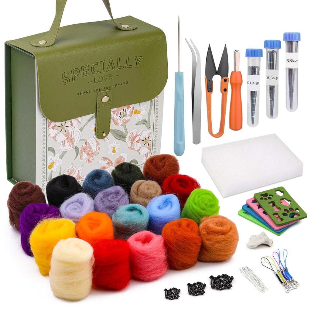 Zibuyu® DIY Needle Felting Kit with Storage Case, 20 Color Wool Yarn Rolls Needle Felting Kit with Full Size Needles, Stencils, Scissors, Tweezer, Beginners Needle Felting Craft Kit for Charm, Gift-image-45
