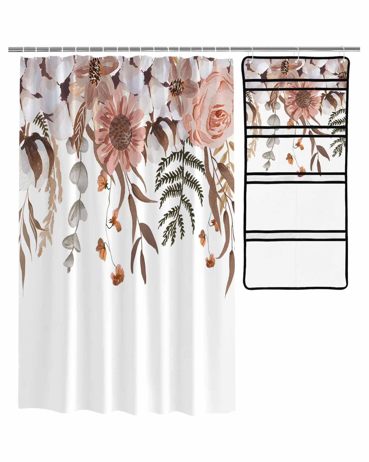 Decorative Shower Curtain Sets Thanksgiving Fall Fabric Waterproof Shower Curtains Autumn Eucalyptus Leaf Floral Textured White Mesh Shower