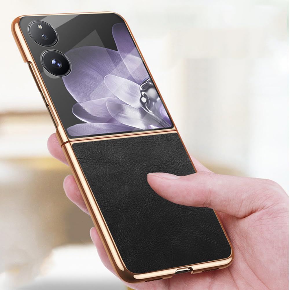 Coque pour Xiaomi Mix Flip 2, Galvanoplastie Étui Cuir Rétro Luxe avec Verre Trempé Protection Écran Housse Mince Antichoc,Noir,Flip 2