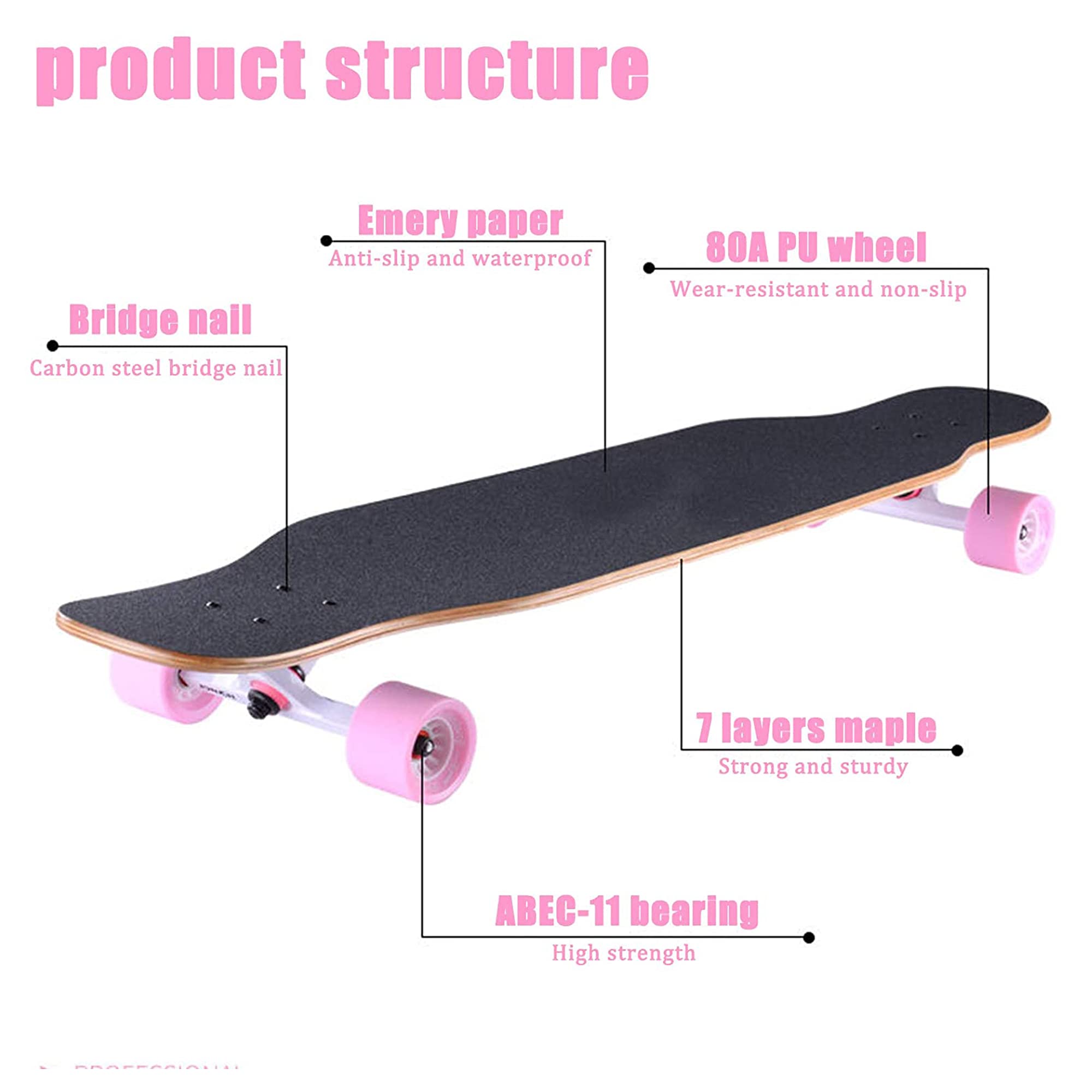 Longboard 43 Pouces, Skateboard Complet avec Roues LED PU et Équipement de Protection, Longboard 7 Étages en Bois D'érable pour Débutants Enfants, Adolescents, Garçons, Filles et Adultes