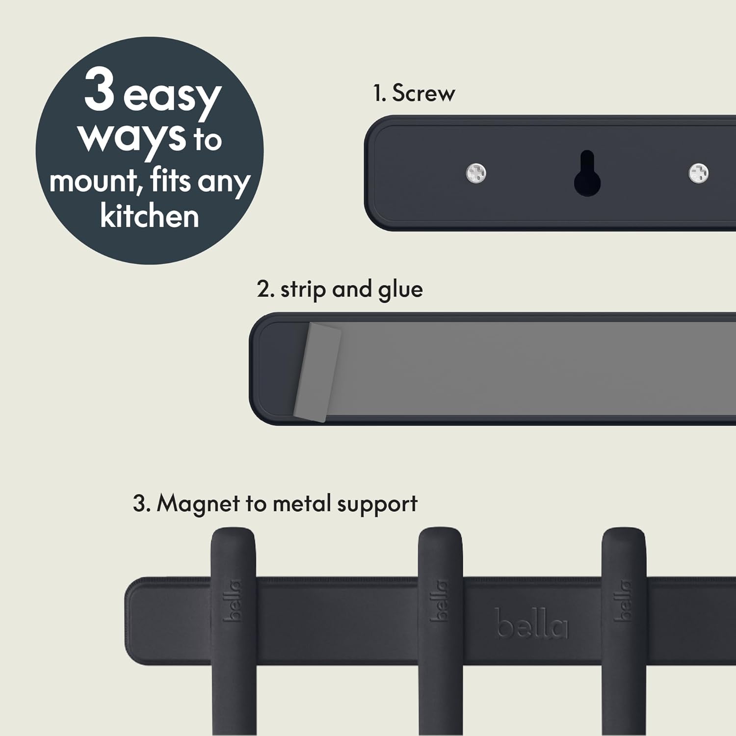 bella 5-Piece Kitchen Tool Set with Magnetic Rack, Silicone, Turner, Spoon, Slotted Spoon, Spatula, Utensil Holder, Magnetic Holder, Non-toxic*, Food-grade, Heat safe to 425°F, Dishwasher Safe, Slate