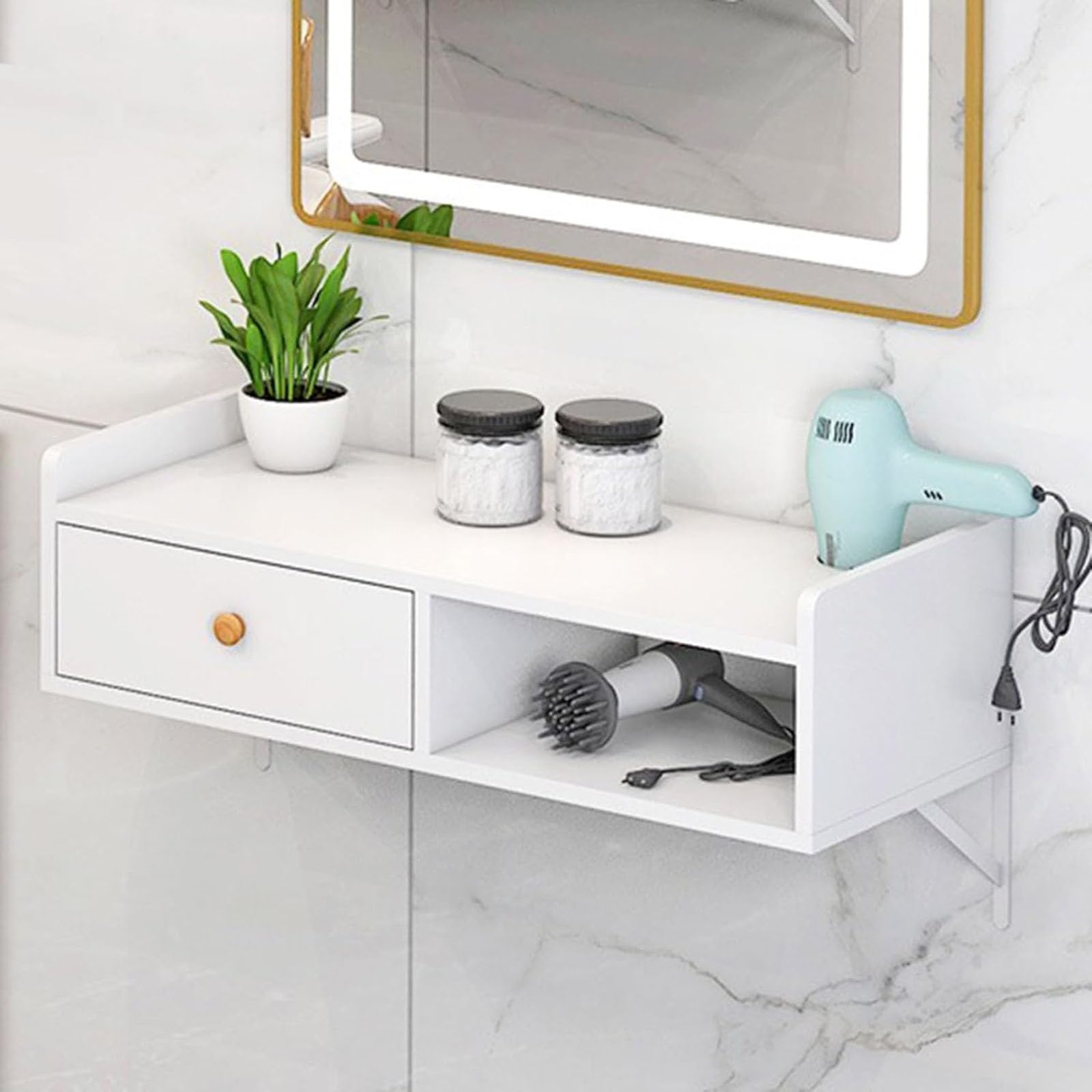 Wandmontierter Tisch mit Schublade und Haartrocknerlöchern, Salonstation für Schönheitssalon, SPA, Friseurladen, Zuhause und Badezimmer