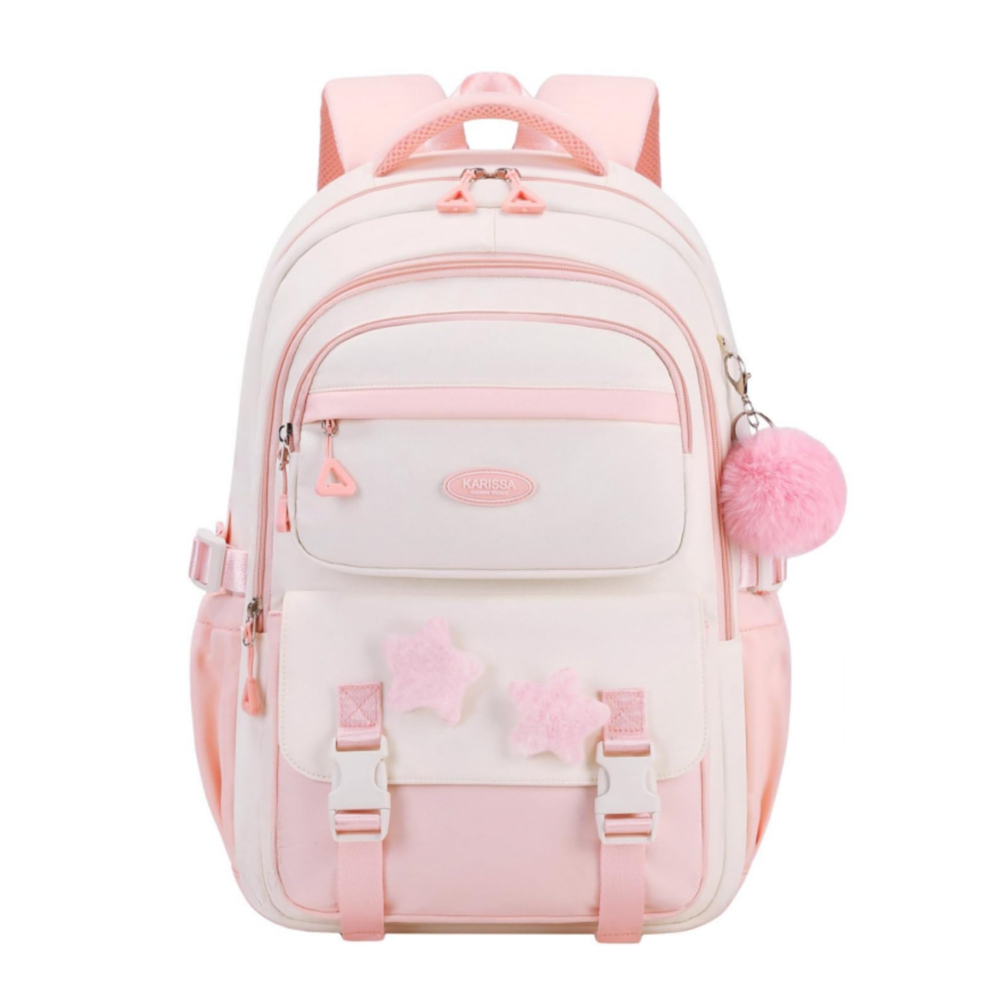 GRUOTEIS Girls Backpack for School Kids, Pink Kids School Bag for Teen Girls, with Star Pins and Furry Pendant, A08-Pink