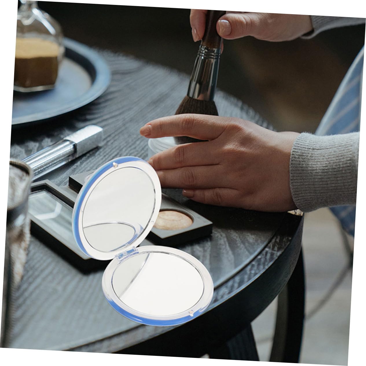 3 Stück klappbarer Schminkspiegel mit Kompakt Lichtspiegel klappbarer Spiegel Taschenspiegel für Damen Handtaschenspiegel Mini-Spiegel für die Handtasche Harz Blue