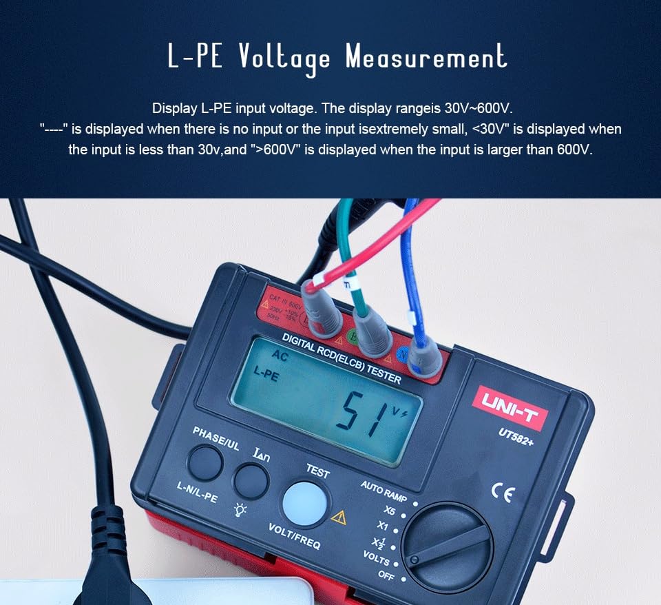 UNI-T UT582+ displaying L-PE voltage measurement