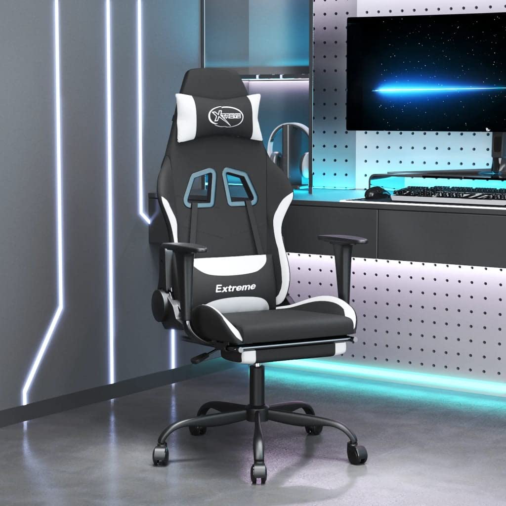 Fotel gamingowy z funkcją masażu i podnóżkiem, materiał czarno-biały, ergonomiczna regulacja wysokości z poduszką lędźwiową i poduszką pod kark, obrotowe z funkcją leżenia do biura i
