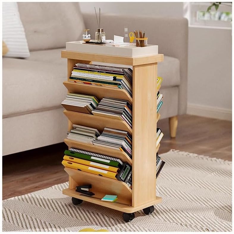 exproyzk Rolling Book Cart, Library Cart, Double Sided V-Shaped Sloped Shelves with Lockable Wheels for Home Shelves Office and School(Brown)