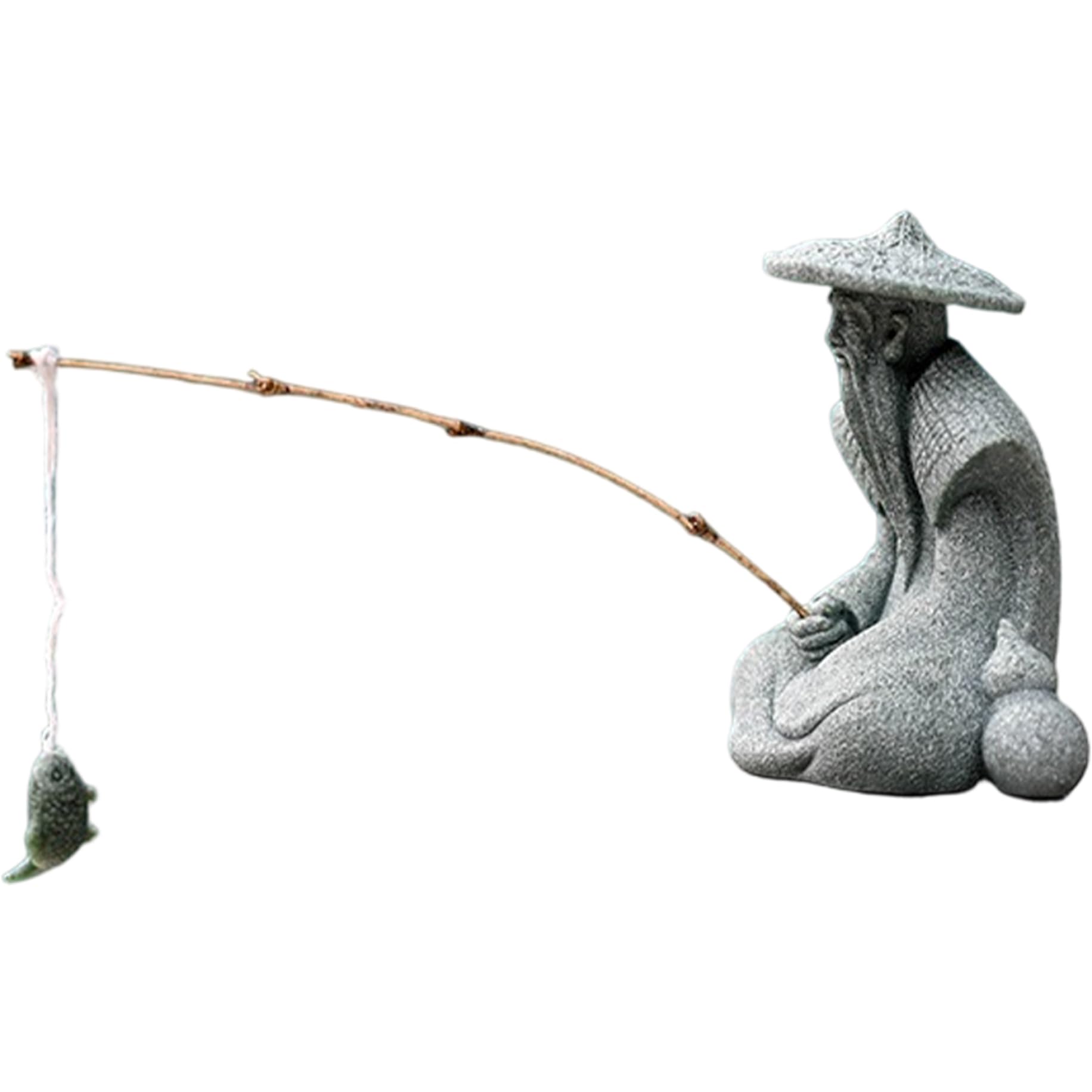 BEAHING Japanese Decor Vintage Resin Sitting Fishing Figurine for Aquarium Bonsai Zen Garden Fish Tank