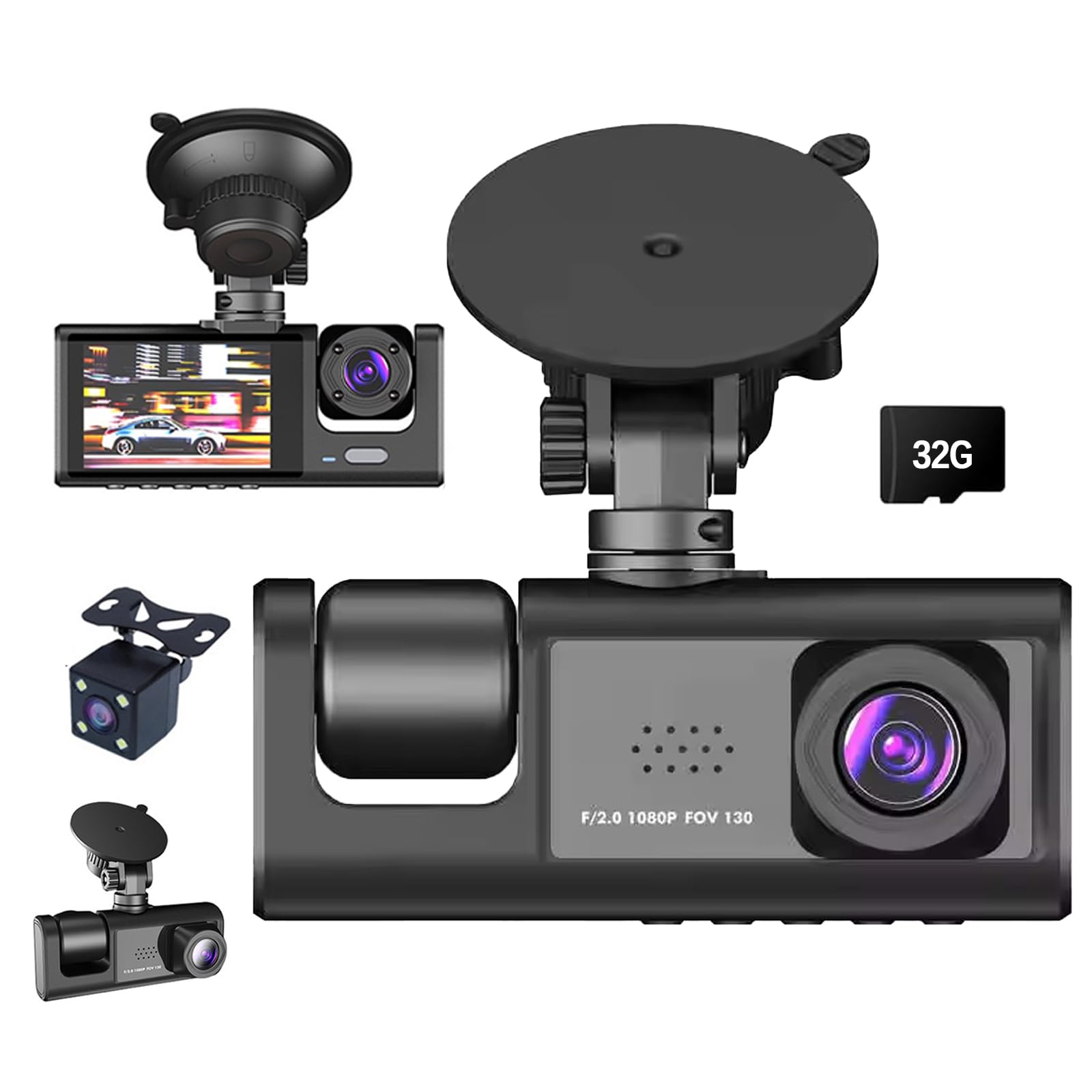 3 Channel 1080P Dash Cam with APP Control, 5GHz WiFi, Card Included 32GB SD, 170° Wide Angle, Loop Recording, G-Sensor, 24H Parking Mode