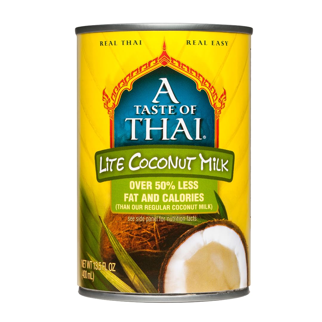 A Taste of Thai Lite Coconut Milk Unsweetened | Canned, Ready to Use Coconut Cream, 50% Less Fat & Calories | Non-GMO, Free of Gluten, Dairy &Trans Fat, No Preservatives - 13.5 Fl Oz