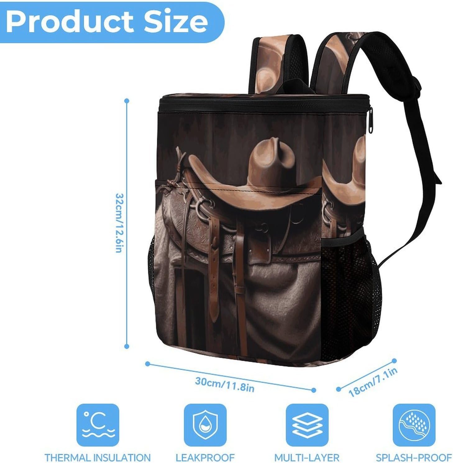 Horse Saddle with A Cowboy Hat Wild Cooler Backpack Fashion Large Capacity Lunch Backpacks Lightweight Insulated Backpacks Travel Cooler Bag Cooler Pack Ice Backpack Keep Fresh Backpack Coolers