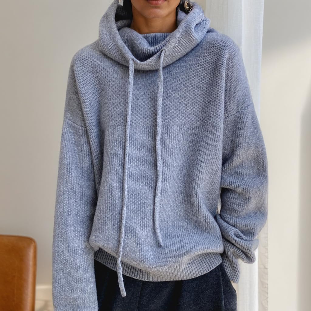 Womens Drawstring Cowl Neck Pullover Sweater Loose Turtleneck Solid Color Fall Winter Knit Sweater Tops