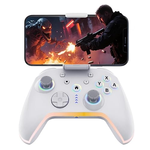 Bcofo Wireless Mobile Game Controller for iOS/iPhone/Android/Cell Phone/Switch/Laptop, Gaming Gamepad with Phone Clip for Gamers, Hall Effect Triggers, Wired PC Control, with RGB LED Lighting/Vibration/6-Axis Gyro/Turbo (White) - White