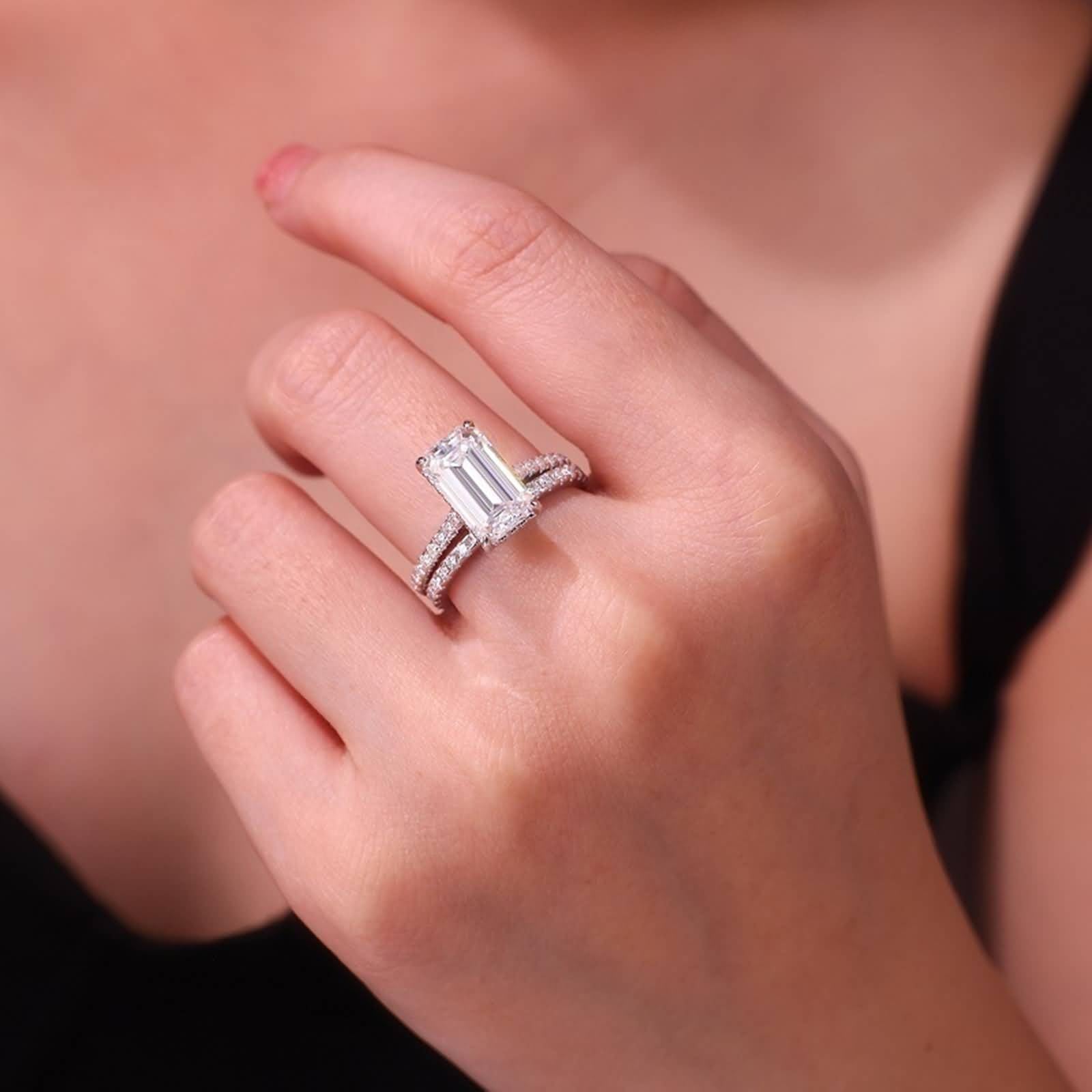 Srebrne pierścionki dla kobiet, moda, boho pierścionki 2 pierścionki zestaw z prostokątnym moissanitem 7 x 12 mm, 14-karatowe białe złoto, rozmiar N 1/2