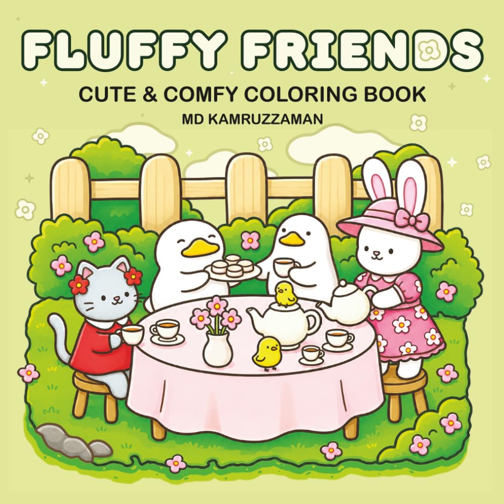 Fluffy Friends: Cute, Bold & Easy Coloring Book for Adults and Teens. Adorable Animal Characters in Cozy & Comfy Scenes — Simple Stress Relief Designs for Relaxation, Mindfulness & Coloring Fun.