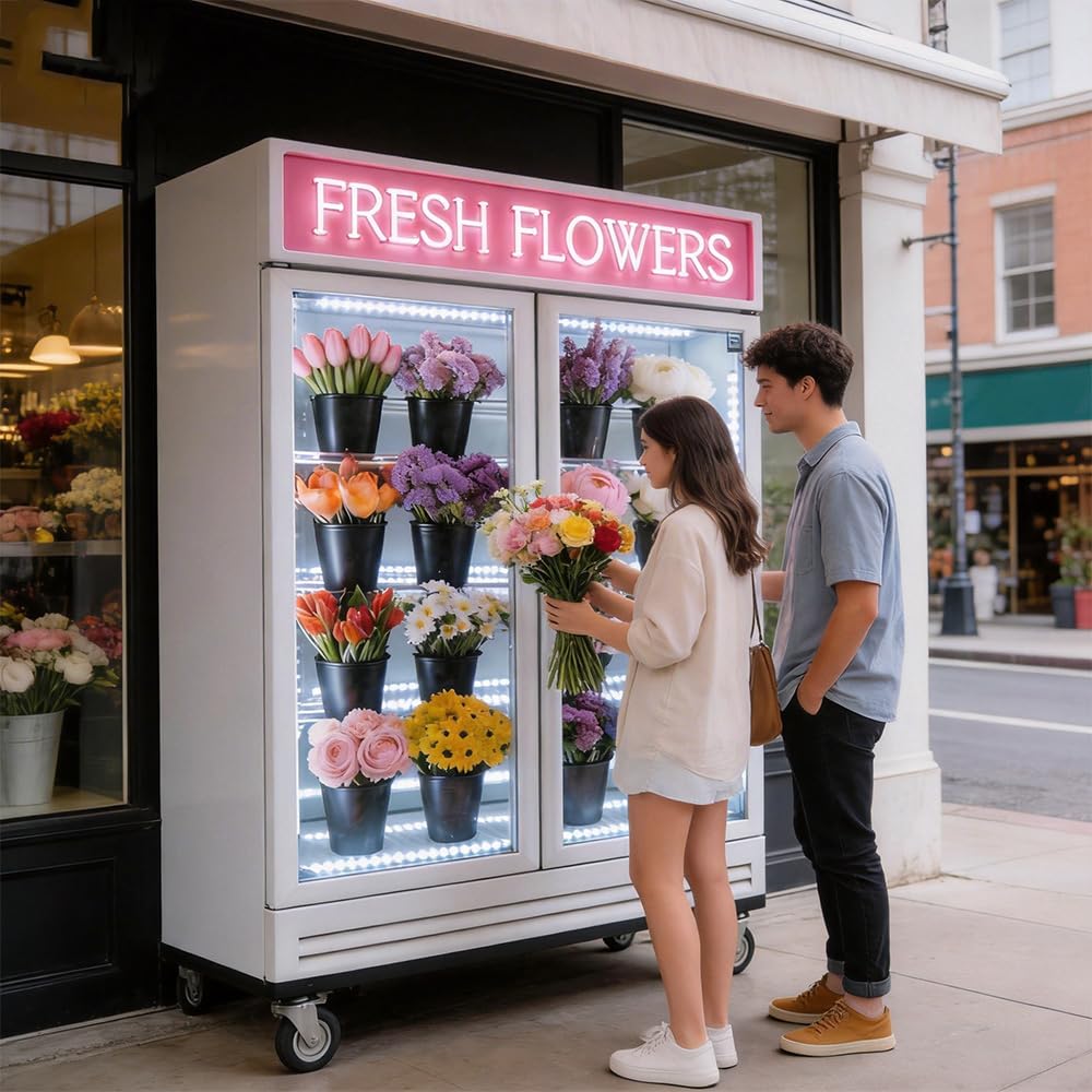 Nafcoool Commercial Flower Refrigerator Floral Display Cooler,White 2 Glass Doors Fridge With LED Light Adjustable Shelves,Etlsanitation Approval,40" Wide, Adjustable Shelves & Wheels Included on Fridge.com - View 2