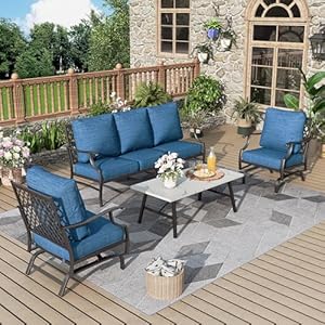 Patio Furniture Set 4 pcs, Outdoor Patio Furniture, 3-Seat Sofa, 2 Rocking Chairs, Coffee Table and 5.75″ Extra Thick Cushion, Conversation Set for Backyard Deck, Gemstone Blue
