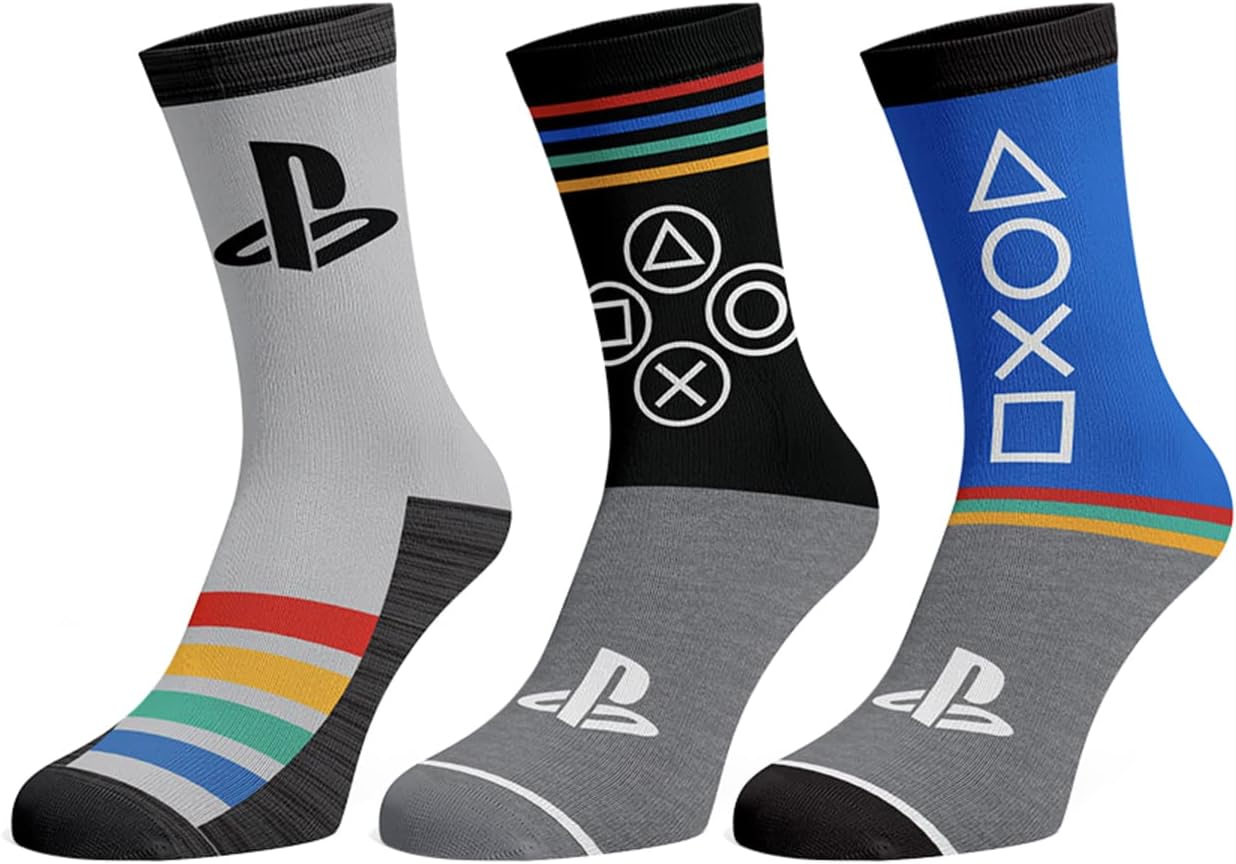 BioworldPlayStation Men's Console Controller Logo Designs 3-Pack Mid-Calf Adult Crew Socks Shoe Size 8-12
