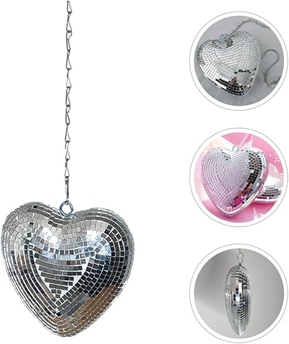 Miniatura 8 de VILLCASE Bolas de discoteca en forma de corazón, decoraciones de bola de discoteca plateada con cadena adjunta, colgante de luz reflectante para DJ