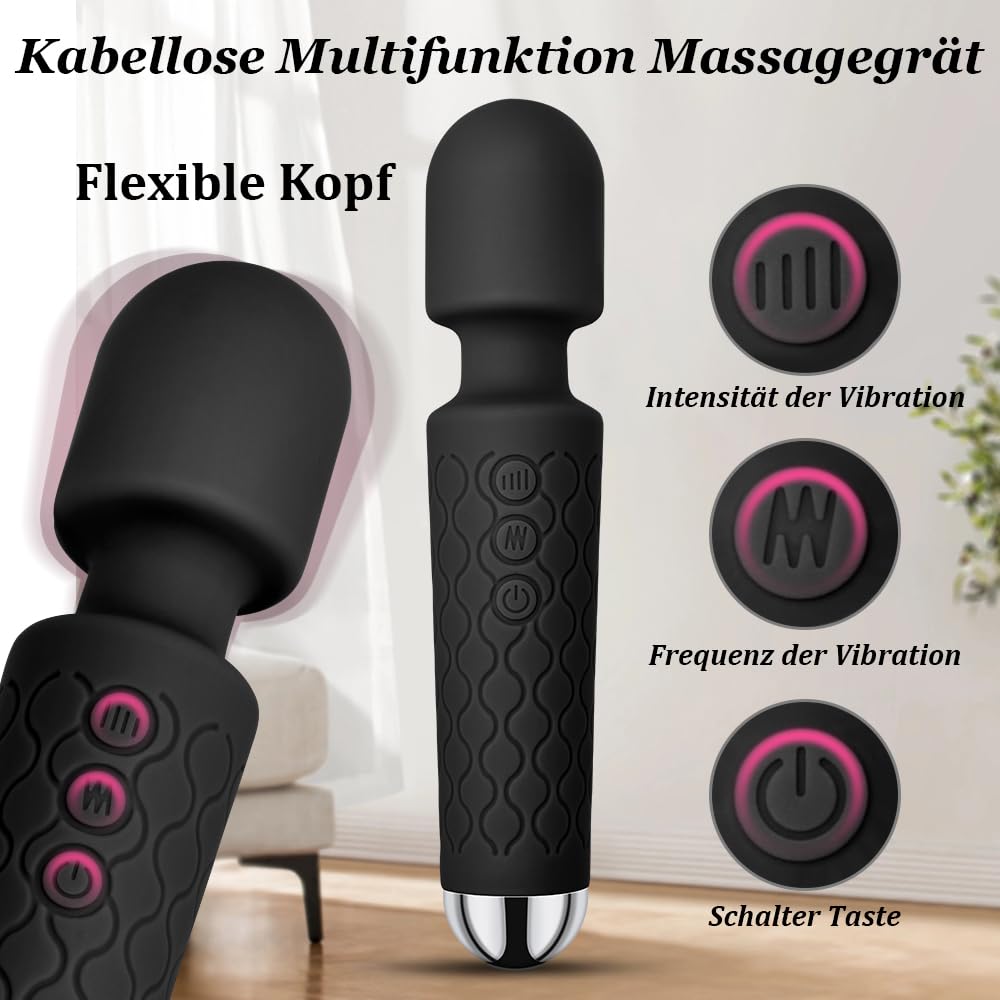 Vibration für Frauen Massagestab Massager Leises&Starkes,Elektrischer Handheld Kabelloses Handmassagegerät Stab-Massager aus Weiches Silikon, 20 Vibrationsmodi& 8 Geschwindigkeiten,Ganzkörper,Schwarz