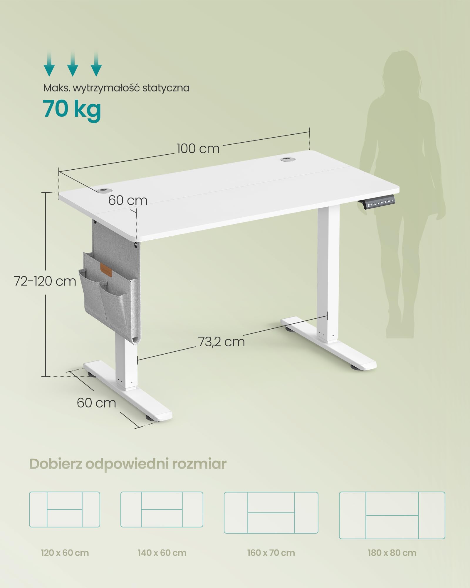 SONGMICS Elektryczne biurko z regulacją wysokości, 100 x 60 cm, funkcja pamięci z 4 wysokościami, port USB-C, chmurkowa biel LSD130WZ01