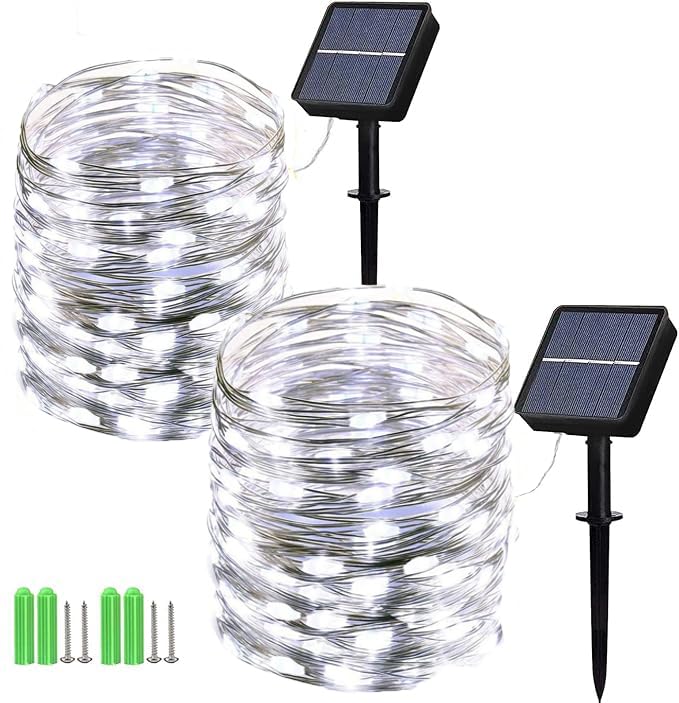 Geemoo 2 Pezzi Luci Esterno Solare 15M 150 LED, Catena Luminosa di Filo di Rame, Luci Stringa Energia Solare, 8 Modalità, Luci Natale Decorative per Giardino Natalizie Albero (Bianco)