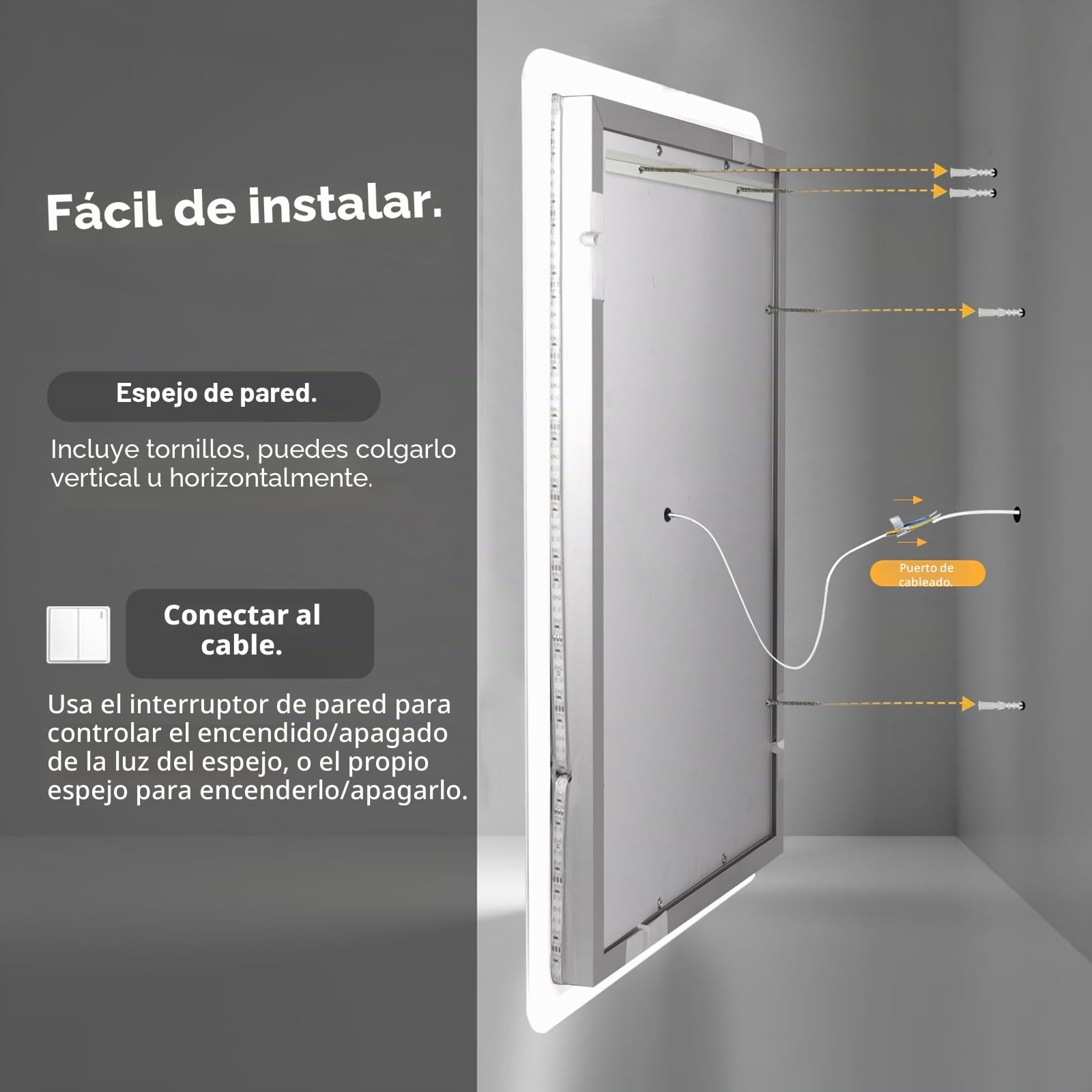 Espejo de baño antiniebla montado en la Pared de 70 x 50 cm, iluminación LED con 3 Luces Regulables de Color e Interruptor táctil, Montaje Horizontal/Vertical