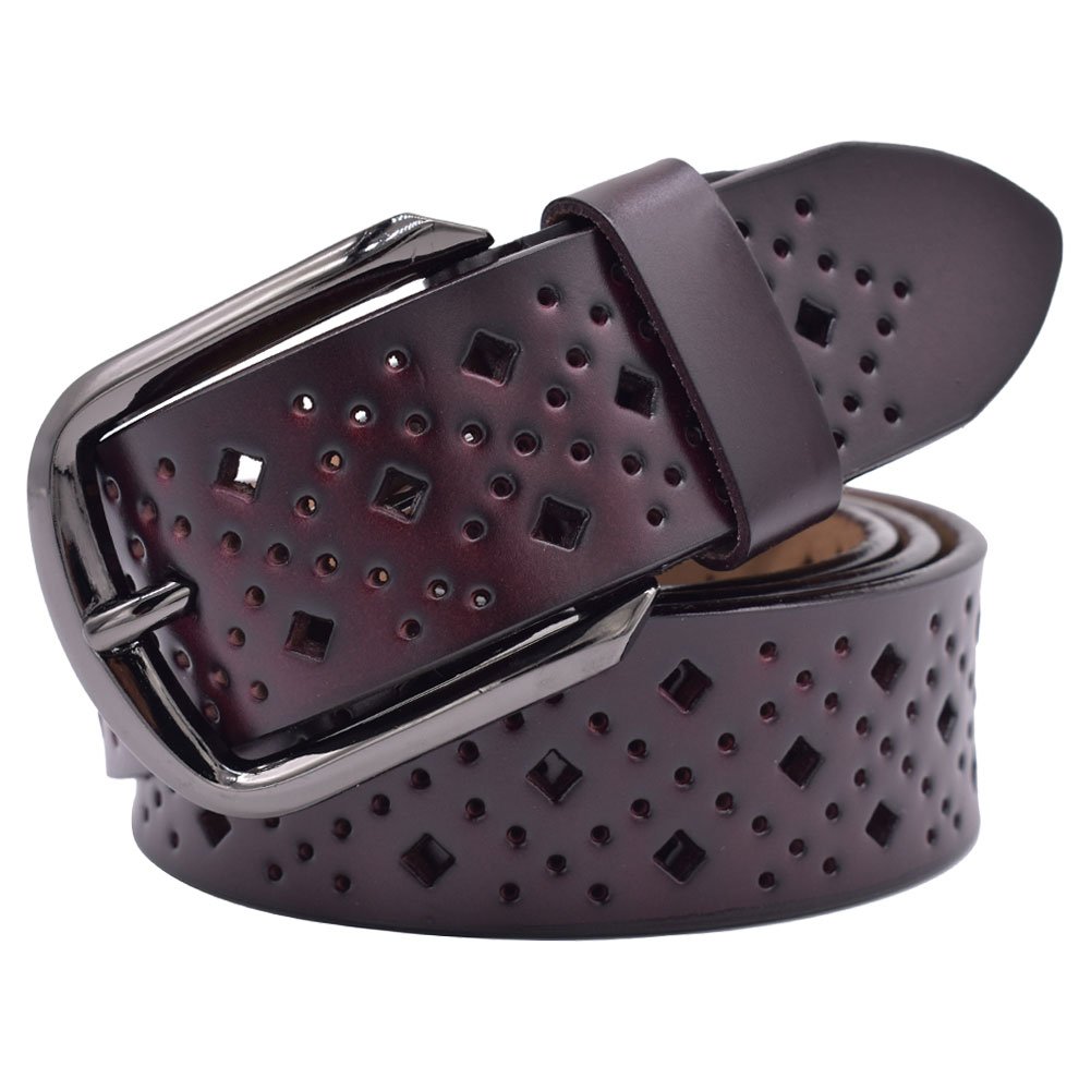 VONSELY Hollow Leather Belts for Women, Soft Leather Womens Belts with Pin Buckle, 1.5" Wide Coffee, Suit Waistline 25"-34"