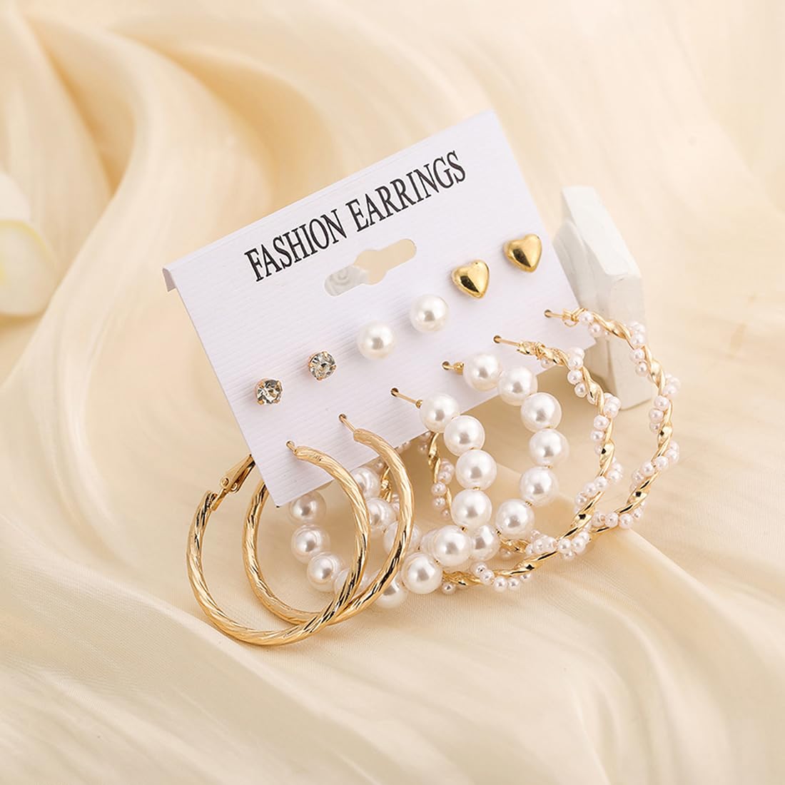 12 Pairs Pearl Hoops & Studs Earrings Set Combo for Girls Women