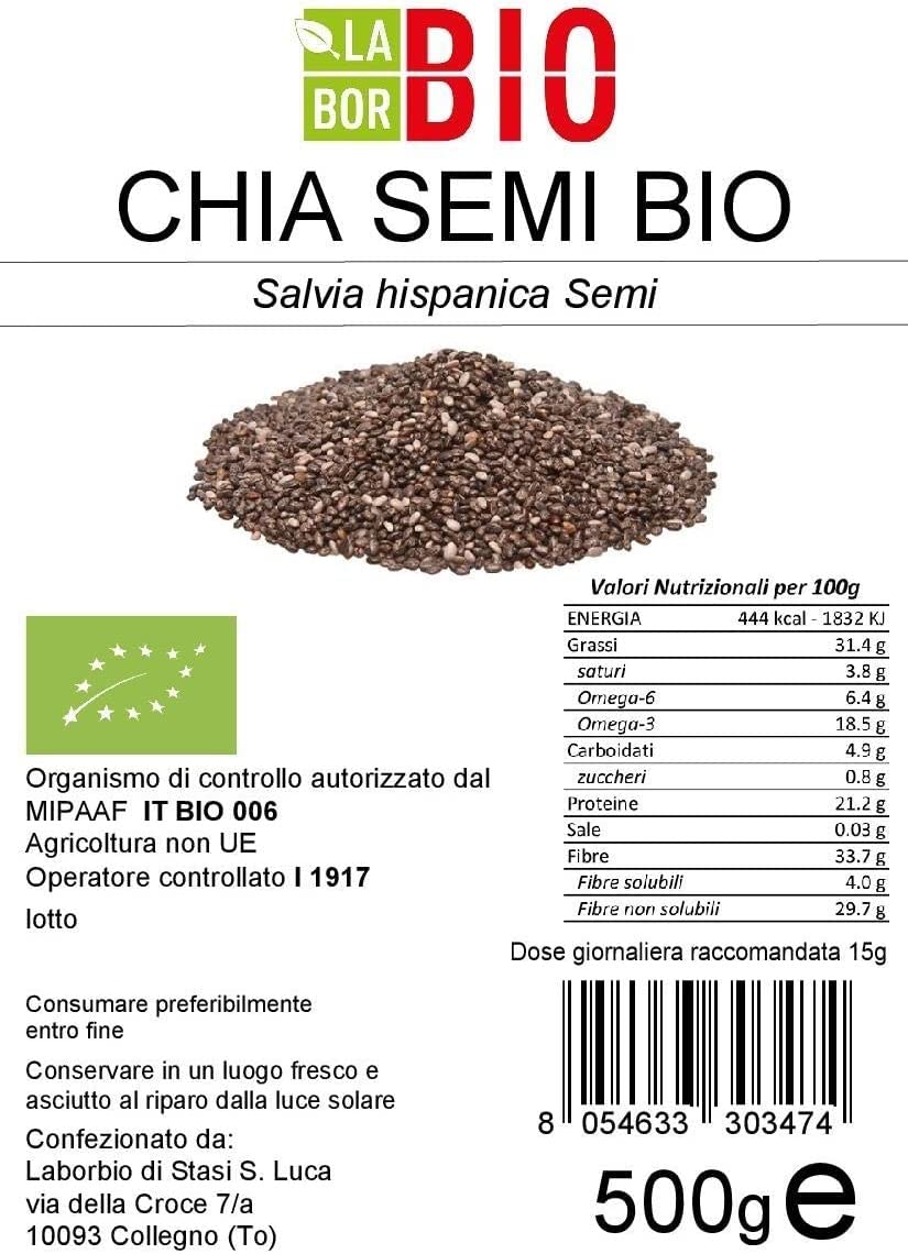 Chia semi Bio 500 g - Colazione Energia Benessere 100% Naturale Vegan - LaborBio
