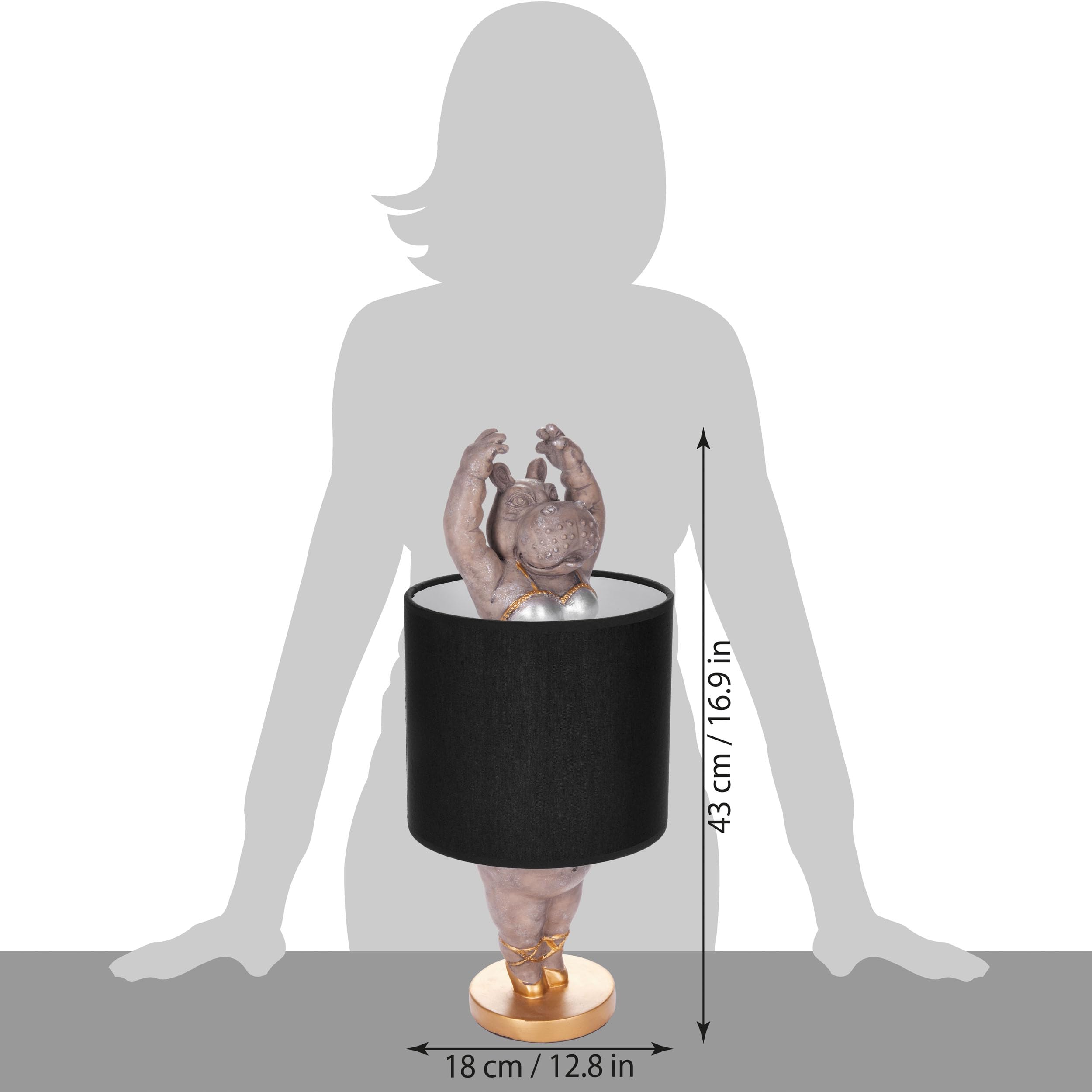 BRUBAKER Lampe de Table ou de Chevet Hippopotame Ballerine - Lampe de Table avec Pied en Céramique et Abat-jour en Tissu - 43 cm de Hauteur, Noir Gris