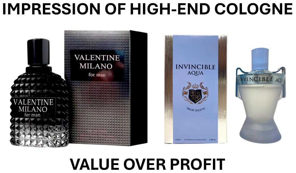 Viaan Krishna VALENTINE MILANO and (INVINCIBLE AQUA Cologne for Men Combo Pack Eau de Toilette Fragrance 3.4oz/100ml, Natural Spray, Long Lasting (Pack of 2))