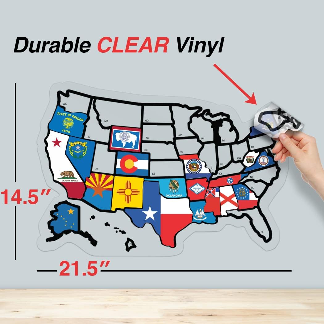 [EXTRA LARGE] RV State Sticker Travel Map - 14.5" x 21.5" - USA States Visited Decal - United States Adhesive Road Trip Stickers - Trailer Supplies & Accessories - Exterior or Interior Motorhome (State Flags)