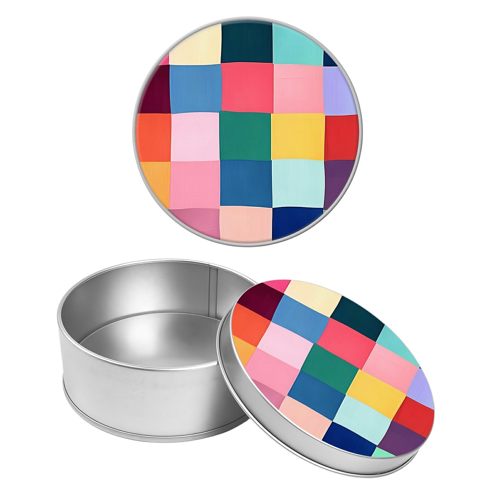 Round Metal Tin Container with Removable Lid, Colorful Checkered Durable Metal Storage Box for Crafts Snacks Candies Office Supplies Small Items 3.54 x 1.38 inch– Single Pack