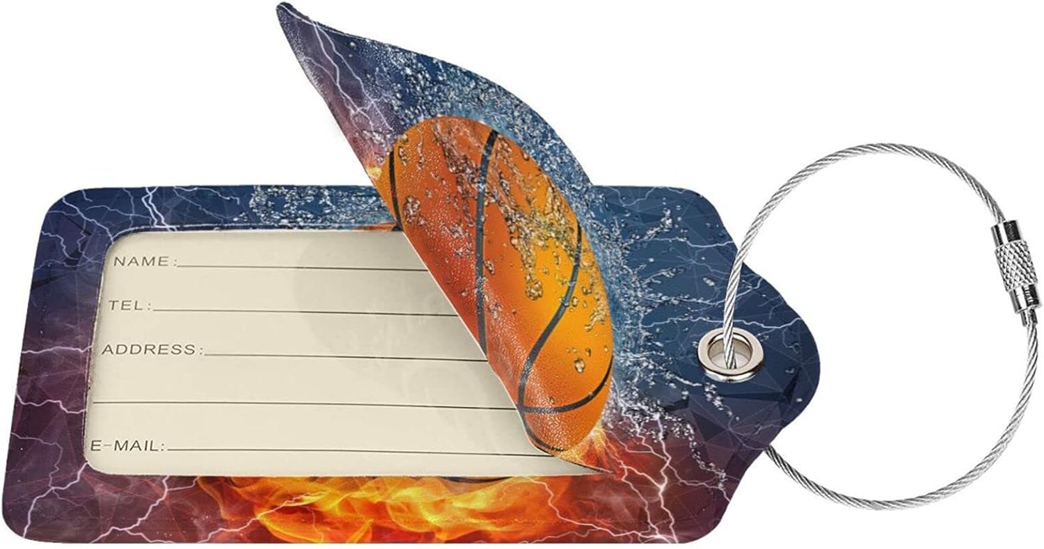 2 Pcs Basketball Luggage Tags for Boys Mens Suitcases for Travel, Sport PU Leather Name Labels Tag Bag Tags with Steel Stainless Loop and Full-Width Design Cover & Address Card image 3