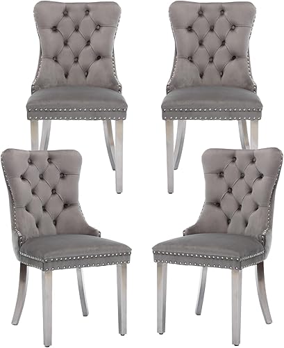 Miniatura 52 de Juego de 6 sillas de comedor de terciopelo gris, modernas sillas de comedor con respaldo copetudo y patas de madera maciza, sillas de comedor Gris