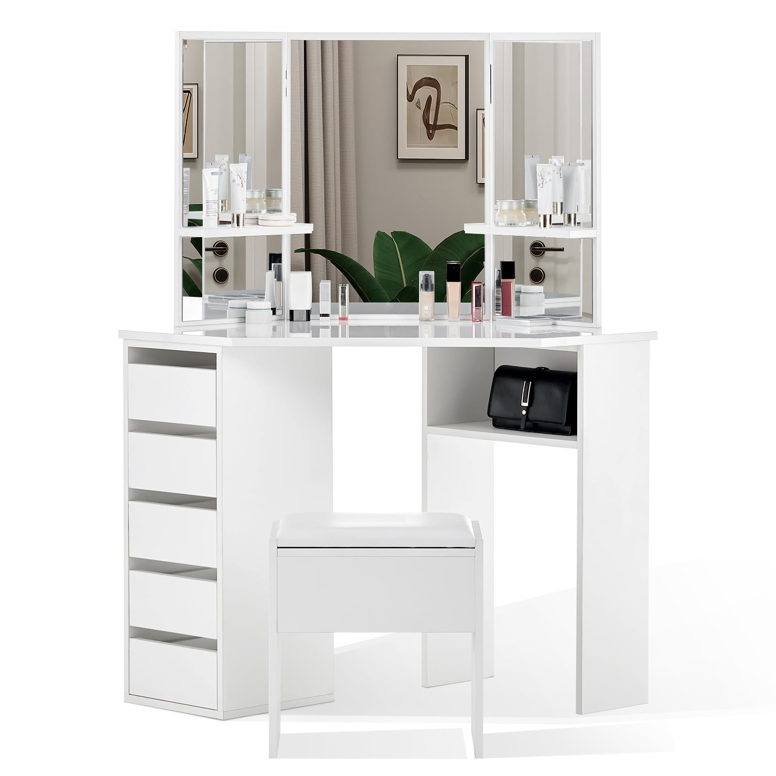 CLIPOP White Corner Bedroom Dressing Table Set Makeup Vanity Desk