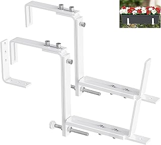 Y&M 2 Pack Deck Railing Adjustable Planter Box Brackets (6 to 12.5 in), Universal Window Box Brackets, Heavy Duty Iron Flower Box Wall Mounting Hooks for Balcony, Fences, Patio, and Garden - White