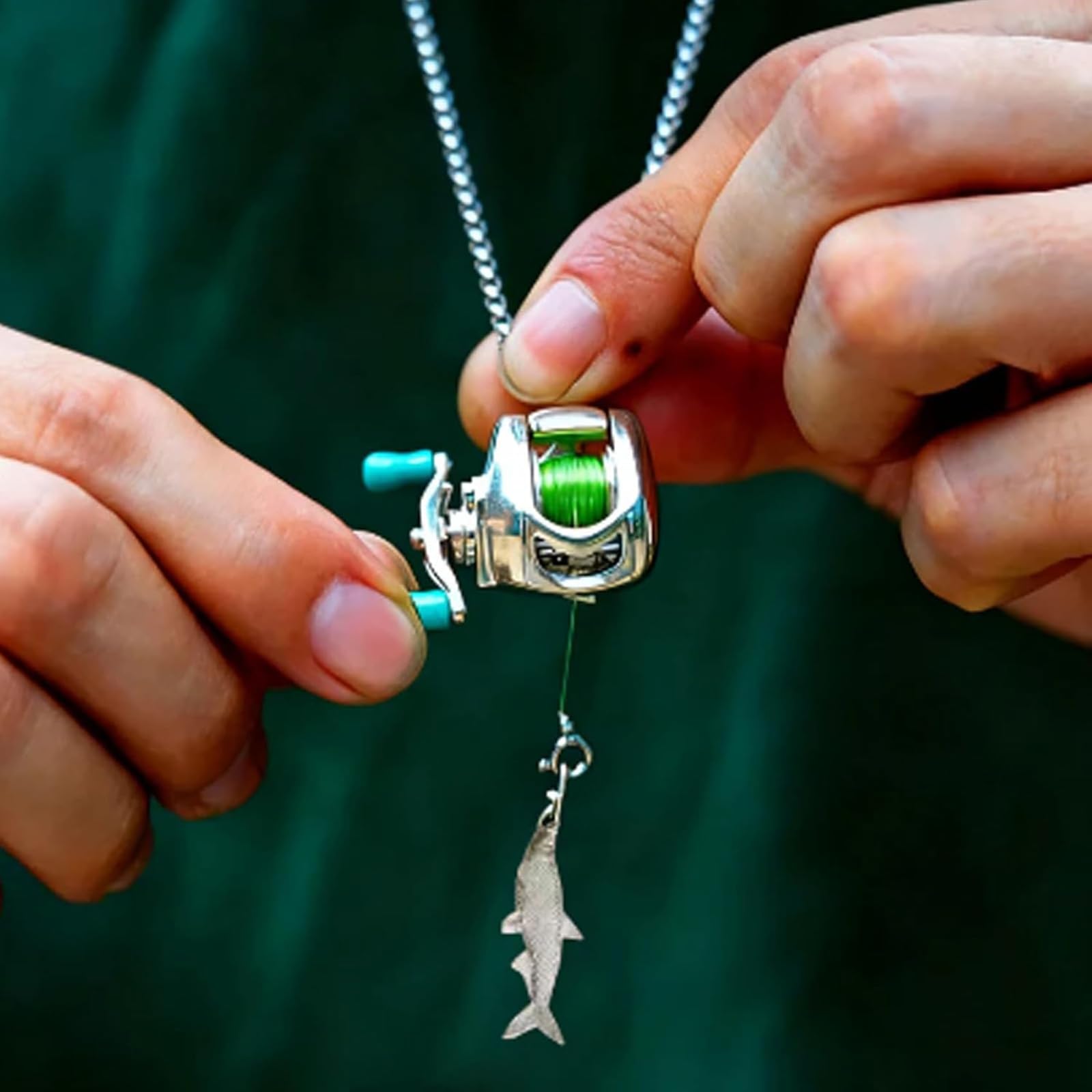 Générique Mini collier de moulinet de pêche, ensemble de bijoux de moulinet de pêche, pendentif de bras à bascule de moulinet, pendentif de moulinet et anneau de bras à bascule rotatif